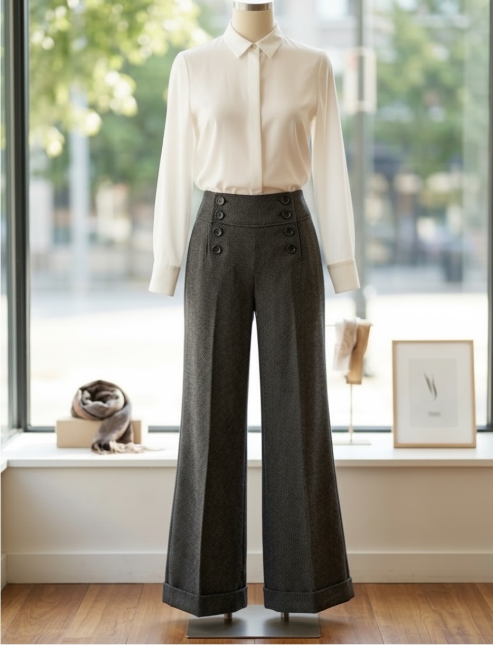 Wide-Leg High-Waist Button Front Trousers